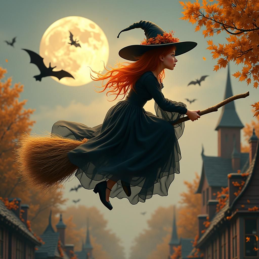 Autumn Witch Rides Broom in Oil Painting Style