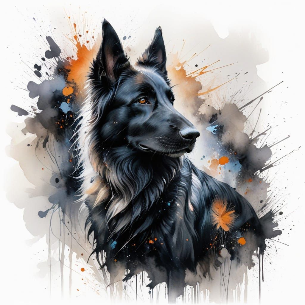 Black Belgian Shepherd in Expressive Watercolour