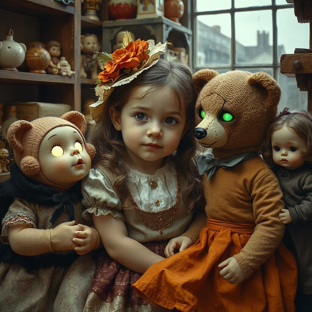 Eerie Toy Store with Antique Dolls and Cute Girl