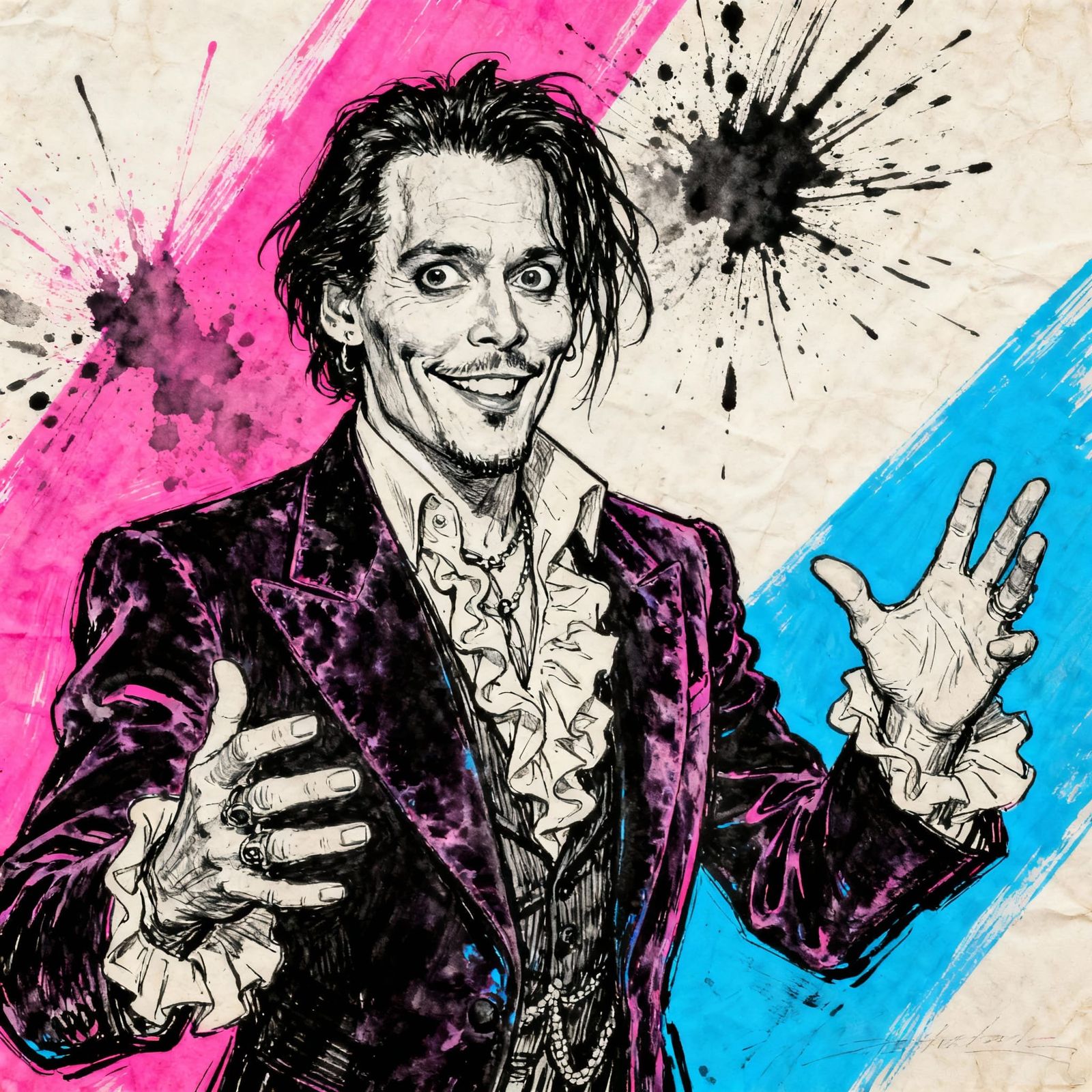 Johnny Depp Caricature in Bold, Exaggerated Style