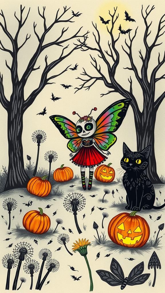 Surreal Halloween Scene with Sugar Skull Moth