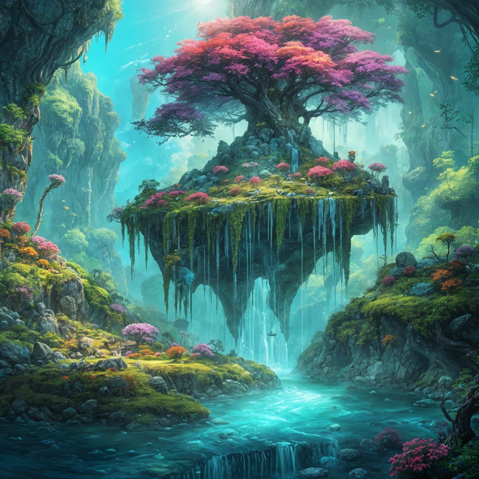 Floating Island with Luminescent Waterfalls and Lush Flora