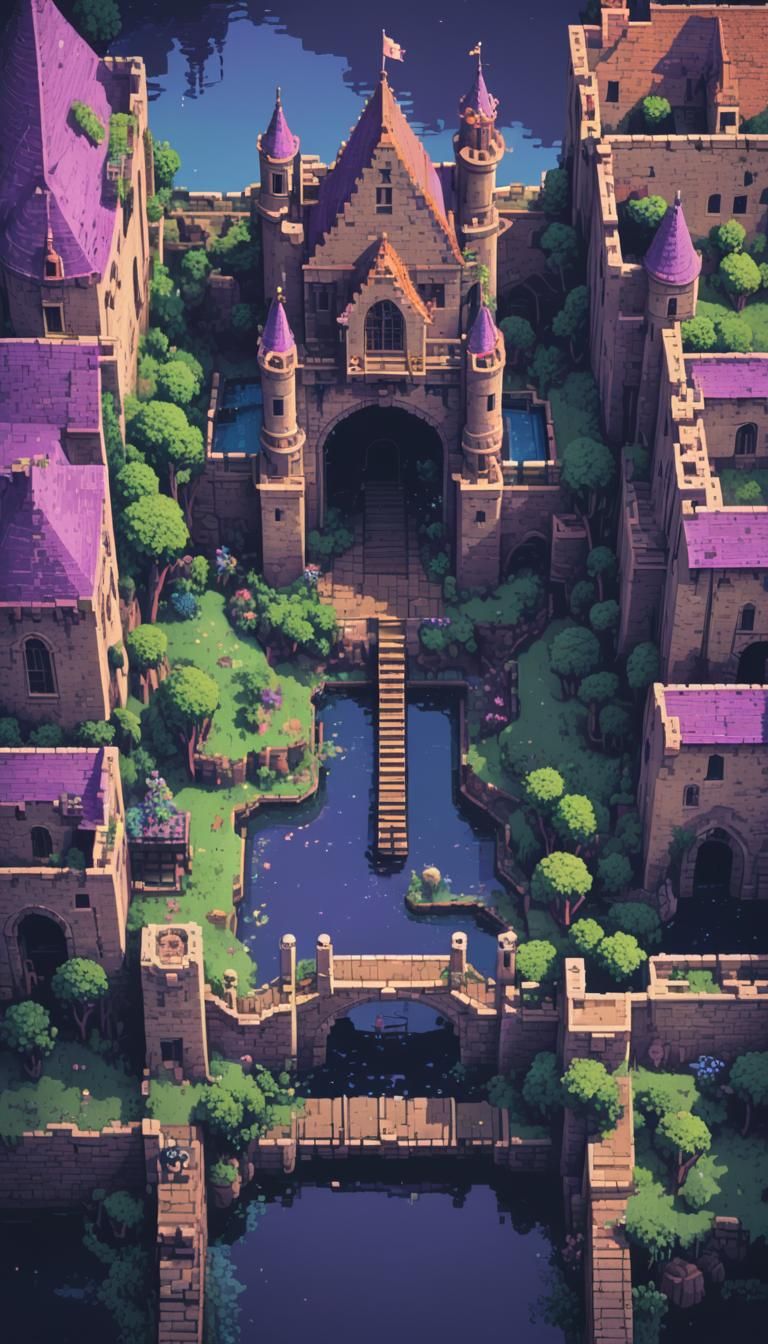 8-Bit Pixel Art Castle Gate with Purple Canal