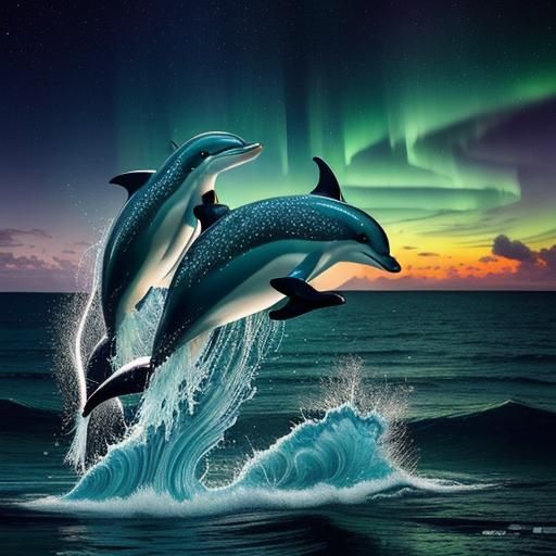 Dolphin Gods in Aurora Ocean: Maximalist Illustration