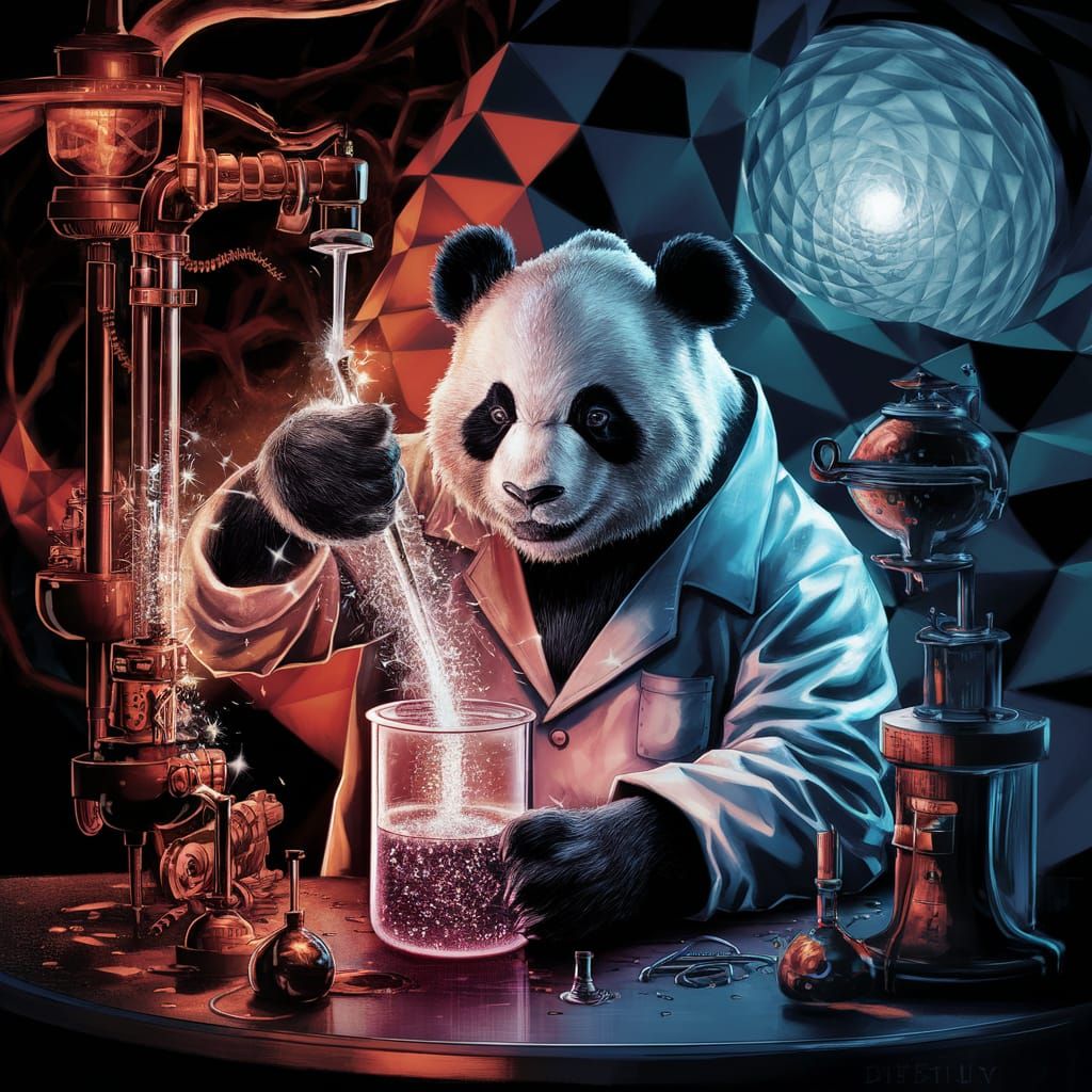 Panda mad scientist mixing sparkling chemicals, digital art ...