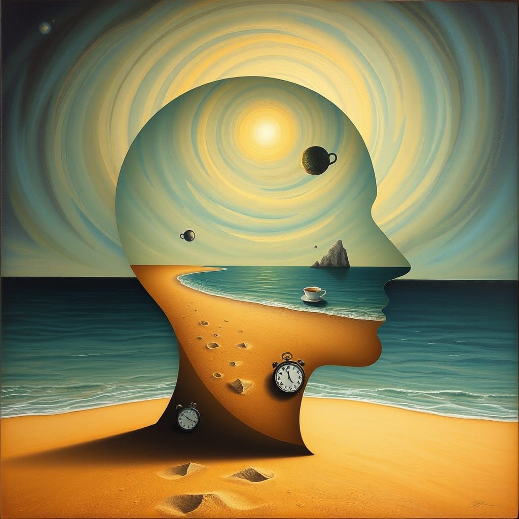 Surrealist Beach Landscape Inside Human Head Silhouette