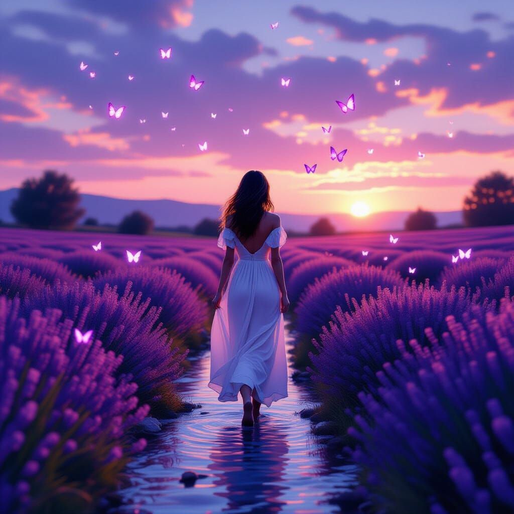 Twilight Lavender Meadow with Glowing Woman