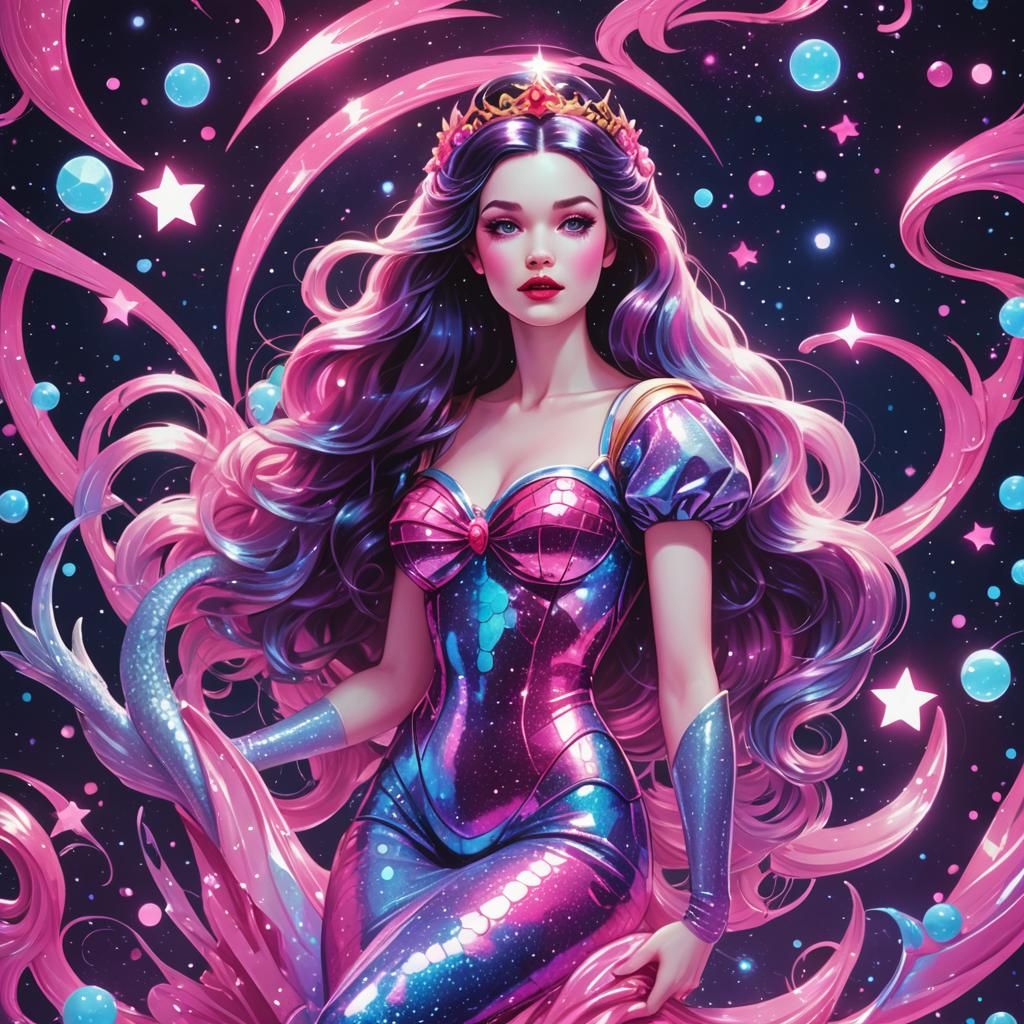 Snow White Space Mermaid in Synthwave Neon Style