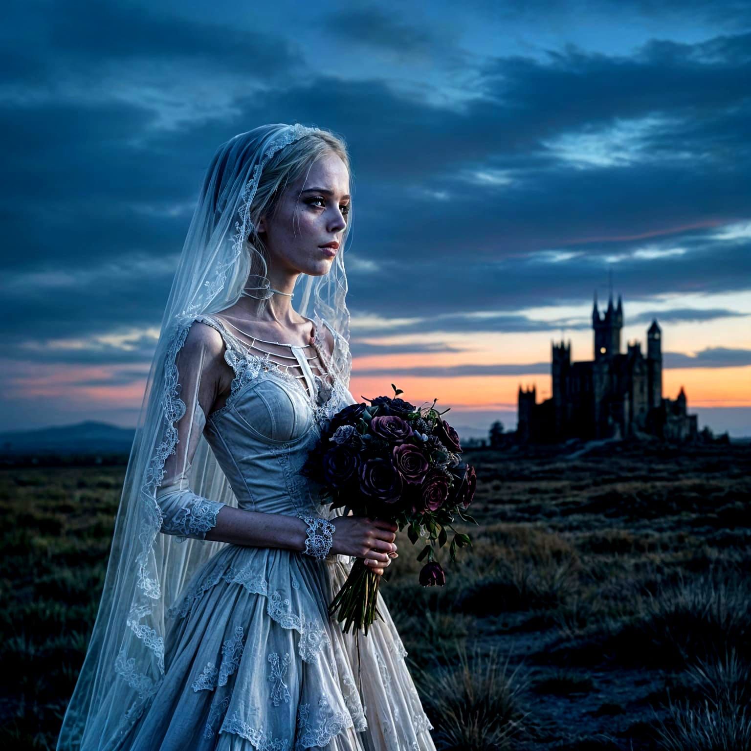 A lone skeleton bride, adorned in tattered Victorian lace, s...