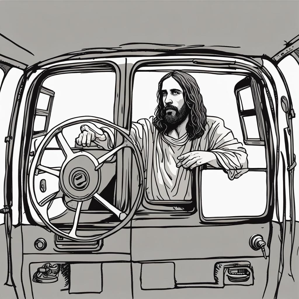 Jesus Drives a Hippie Van: Humorous Drawing