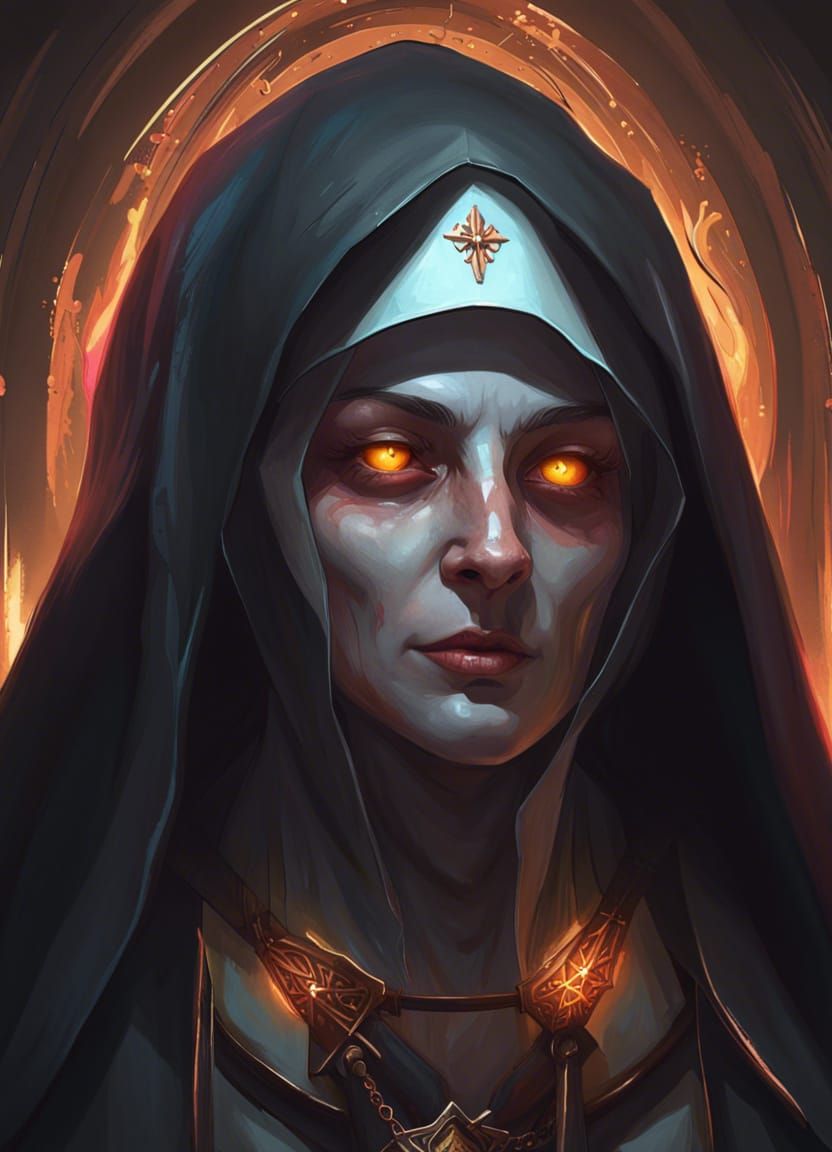 Evil Nun with glowing eyes head and shoulders portrait, 8k resolution concept art portrait by Greg Rutkowski, Artgerm, W...