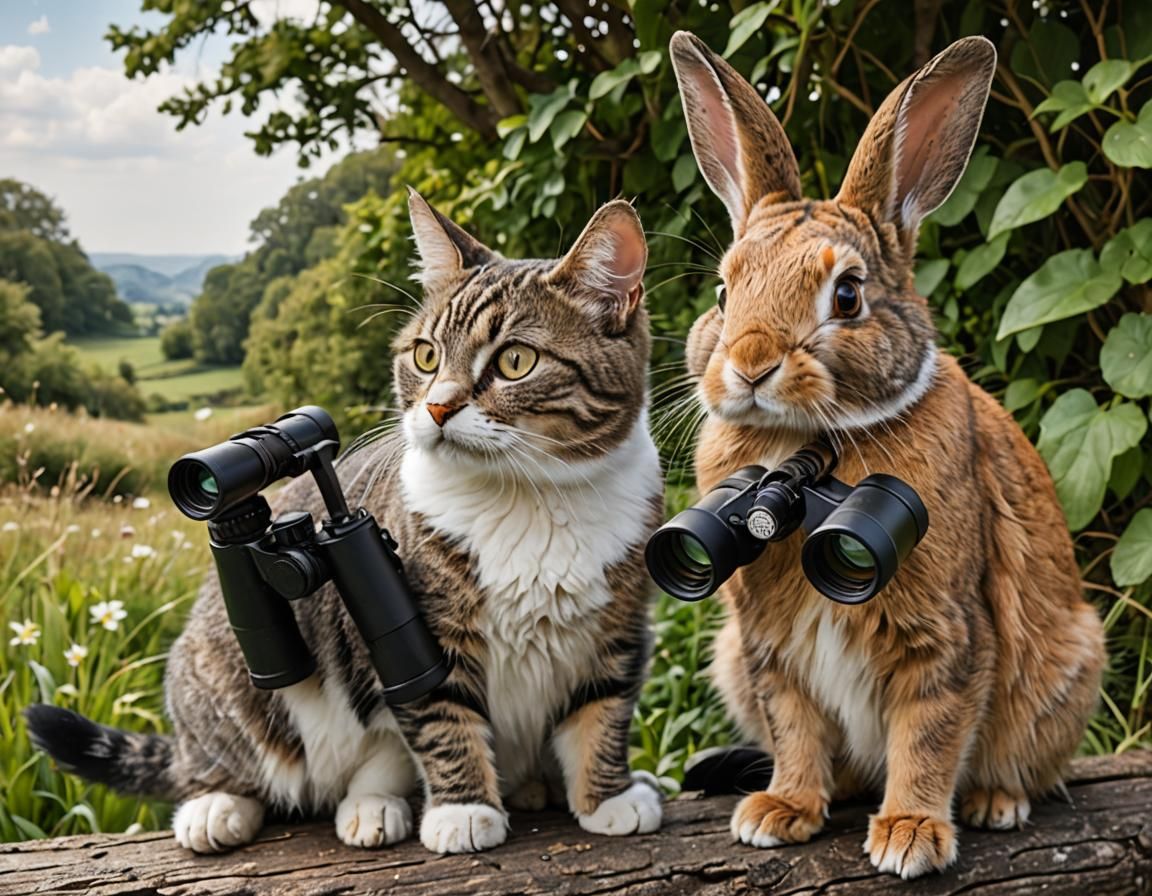 Cat and Rabbit Birdwatching Together