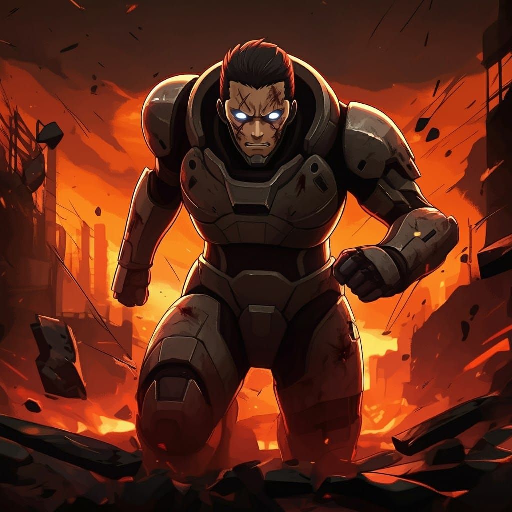 Armored Warrior Emerges from Dystopian Cityscape