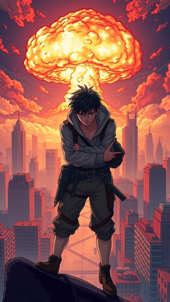 Anime Hero Stands Against Nuclear Blast in Cel-Shaded City