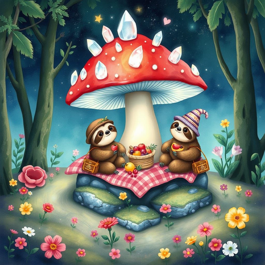 Sloth Family Picnic in Bioluminescent Forest