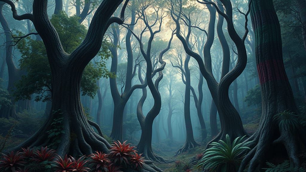 Dreamlike Forest in Vibrant, Striped Hues