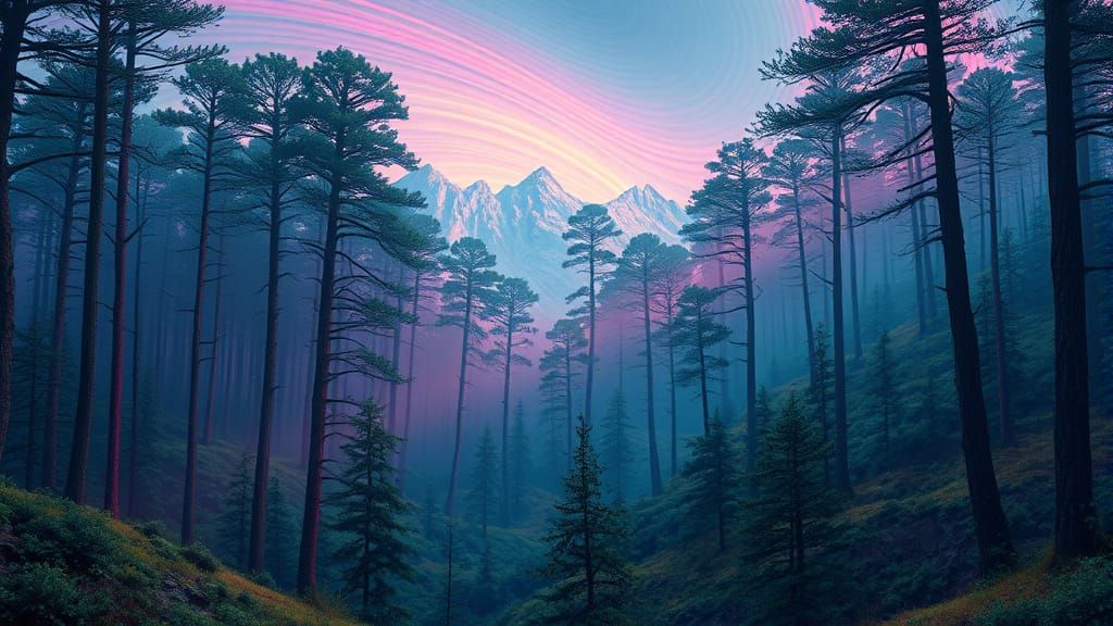 Vibrant Forest Dreamscape in Striped Hues