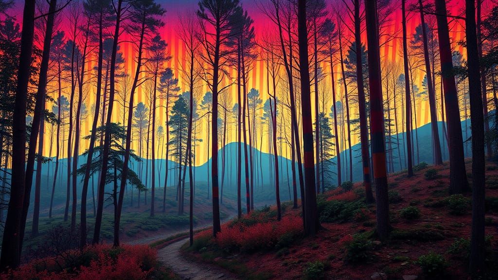 Surreal Forest Landscape in Striped Colors, Inspired by Dali...