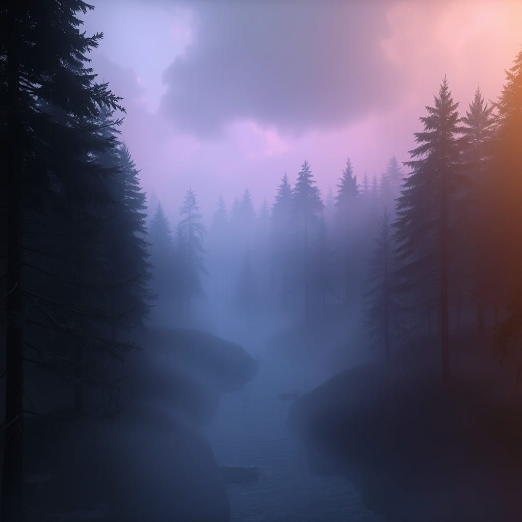 Dark Fantasy Landscape in Thick Fog