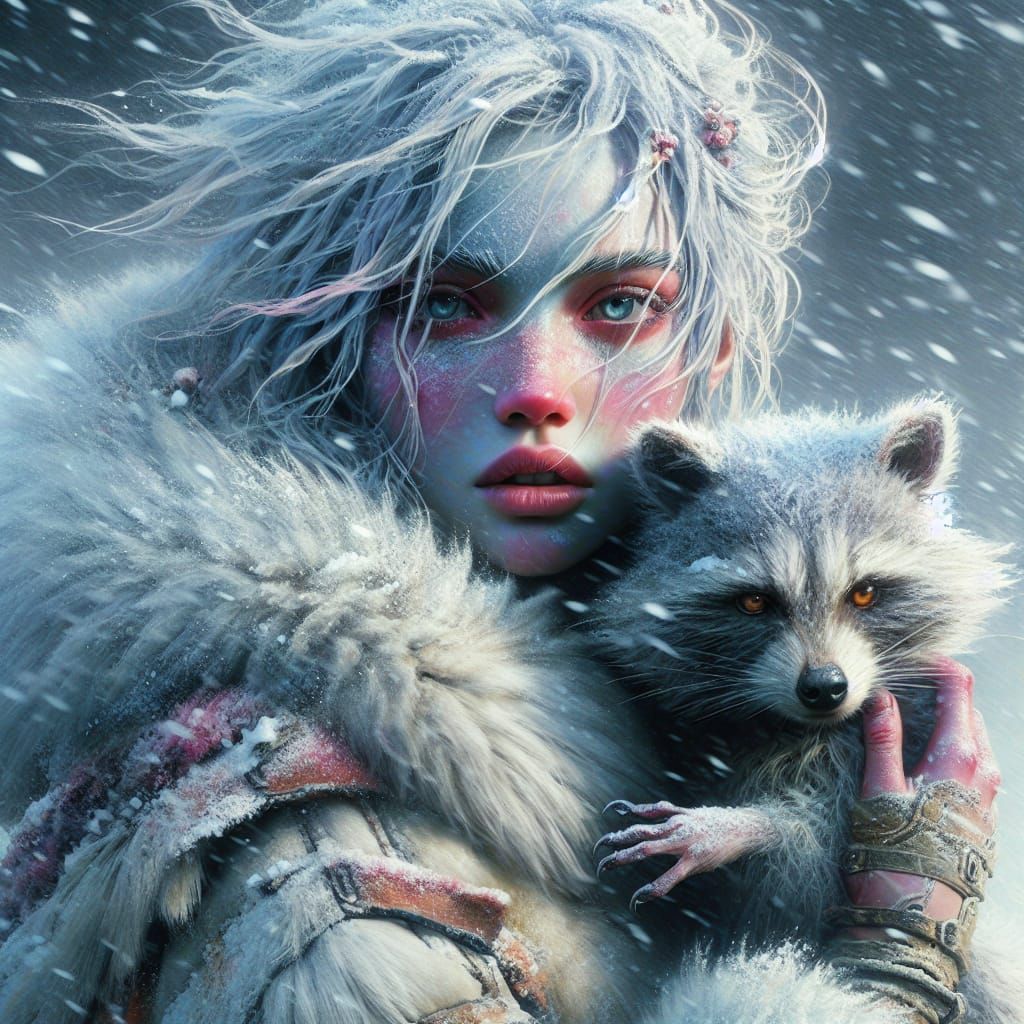 Woman and Raccoon in Snowstorm Matte Painting