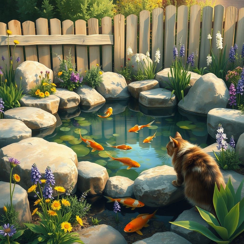 Impressionist Garden Pond with Cat and Wildflowers