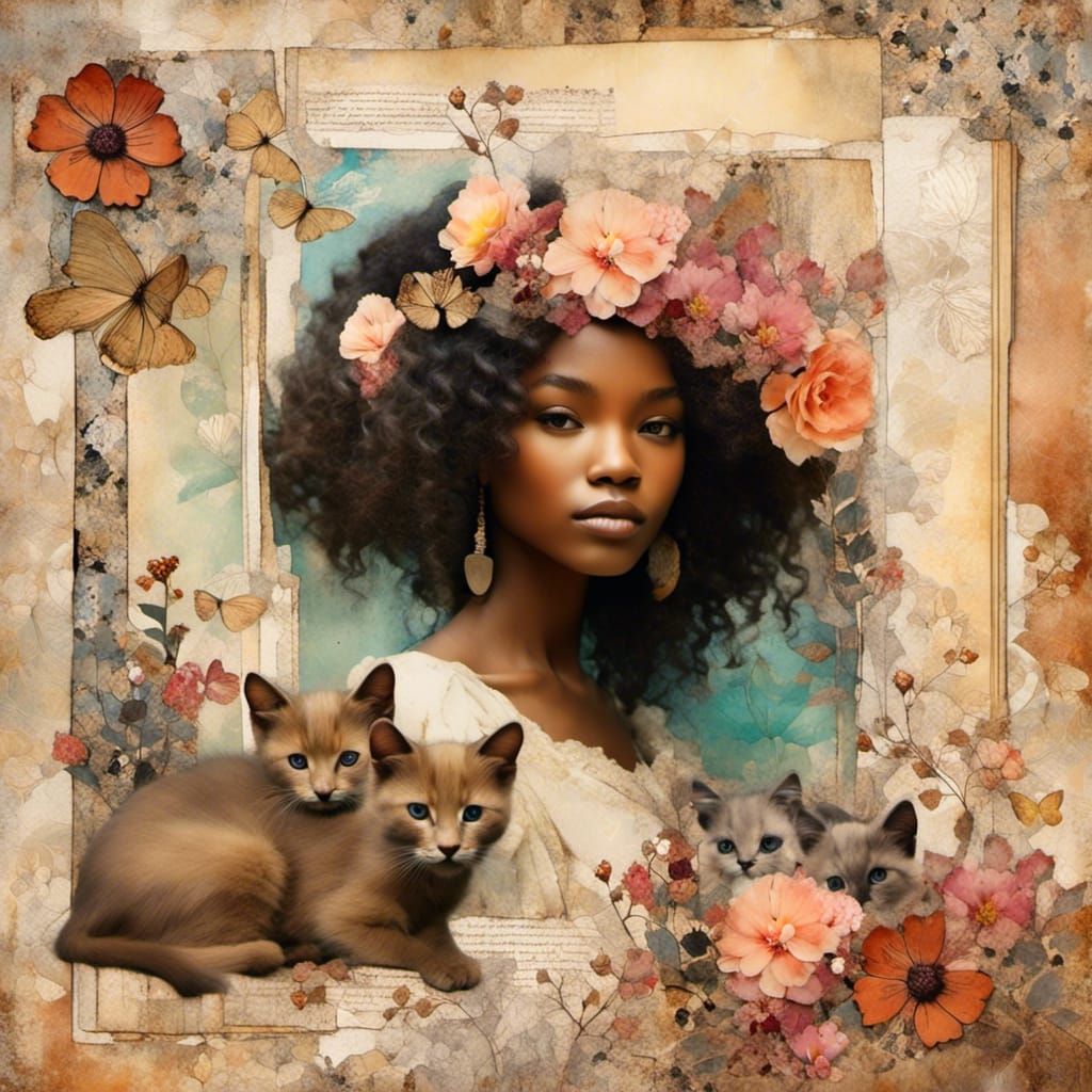 Scrapbook Page: Melanin Girl, Kittens, and Flowers