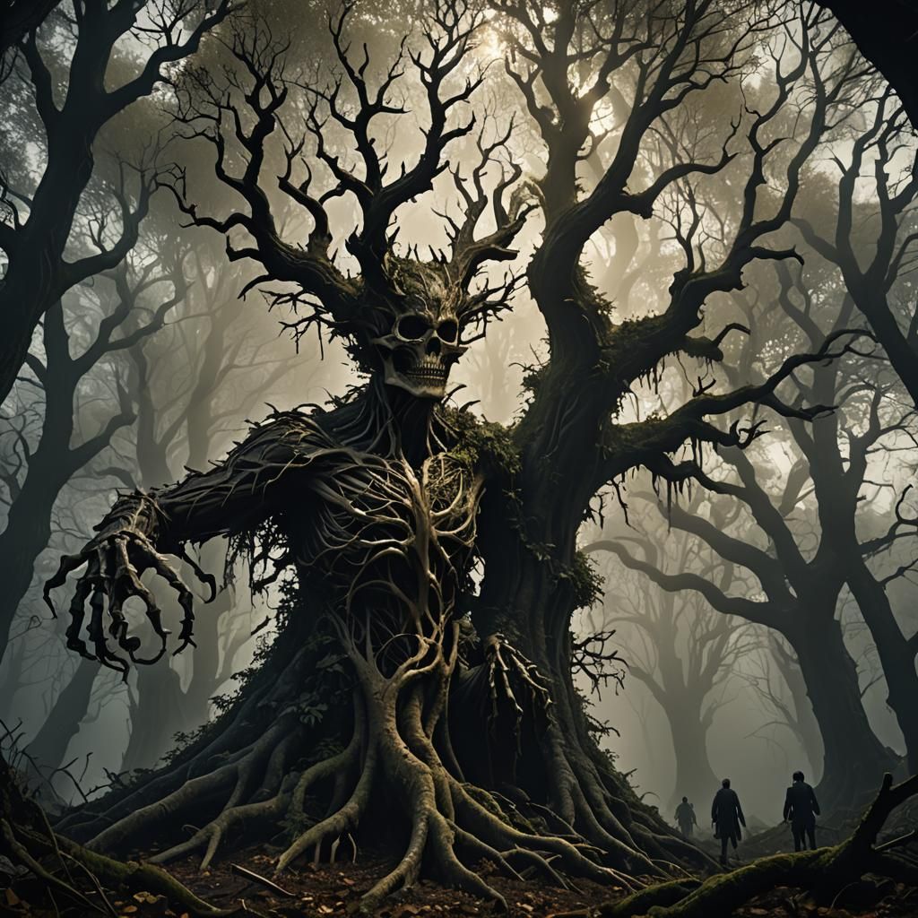 Anthropomorphic Tree Eats Victim in Dark Fantasy Forest