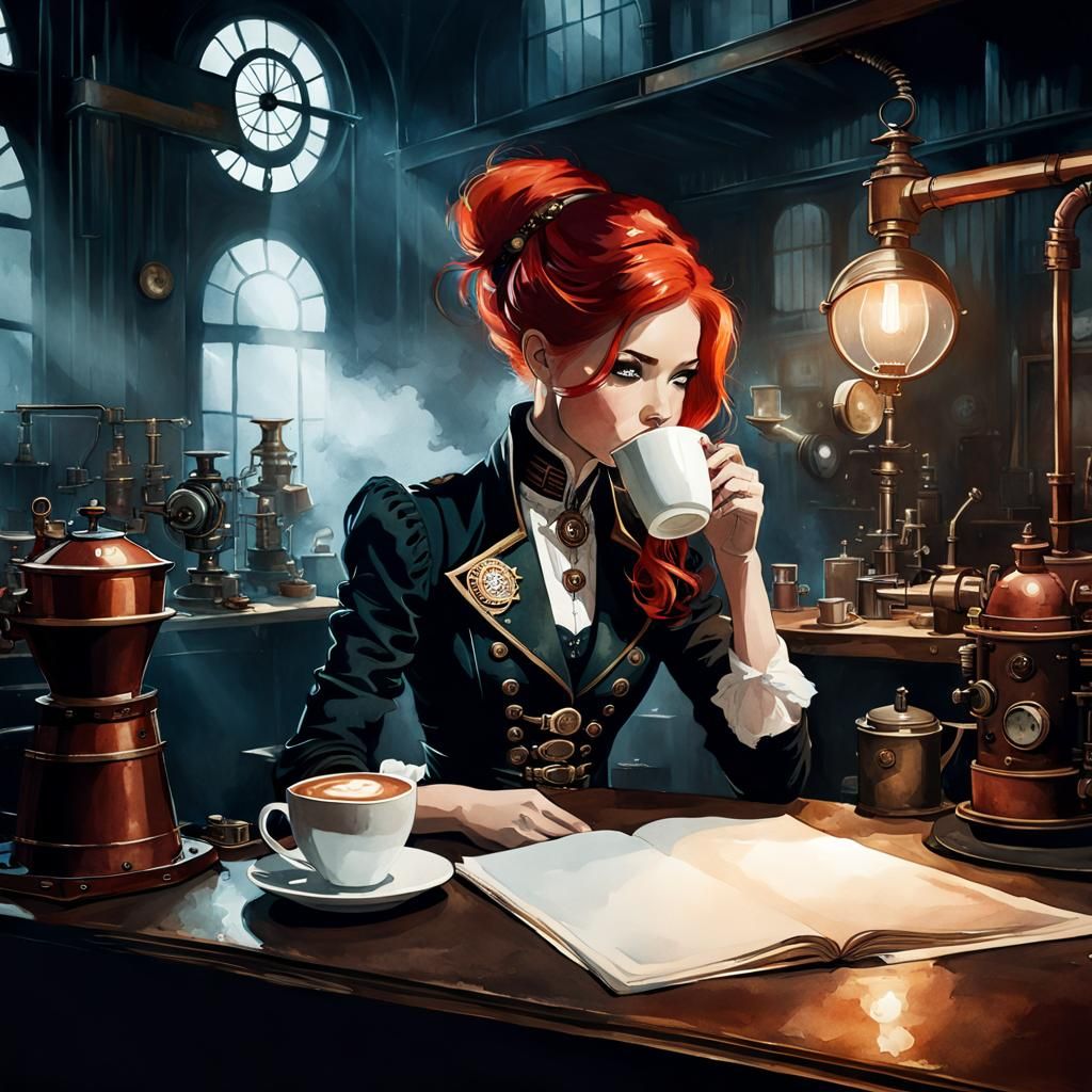 Steampunk Woman Inventor: Moody Watercolor Portrait