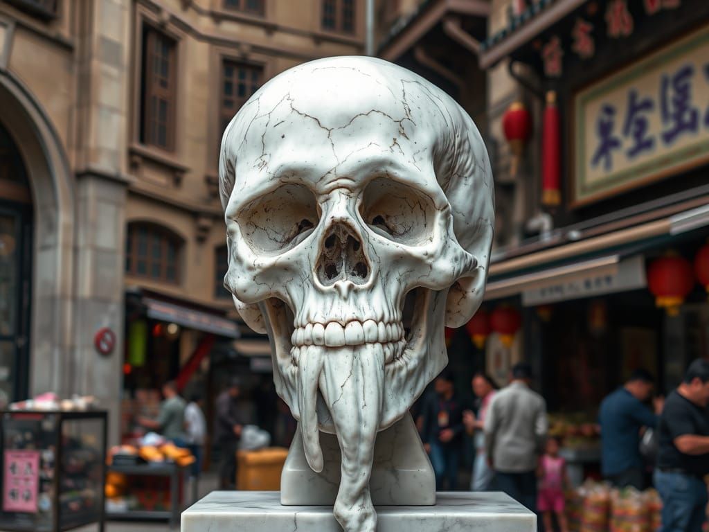Marble Vomiting Skull Statue in Oriental City