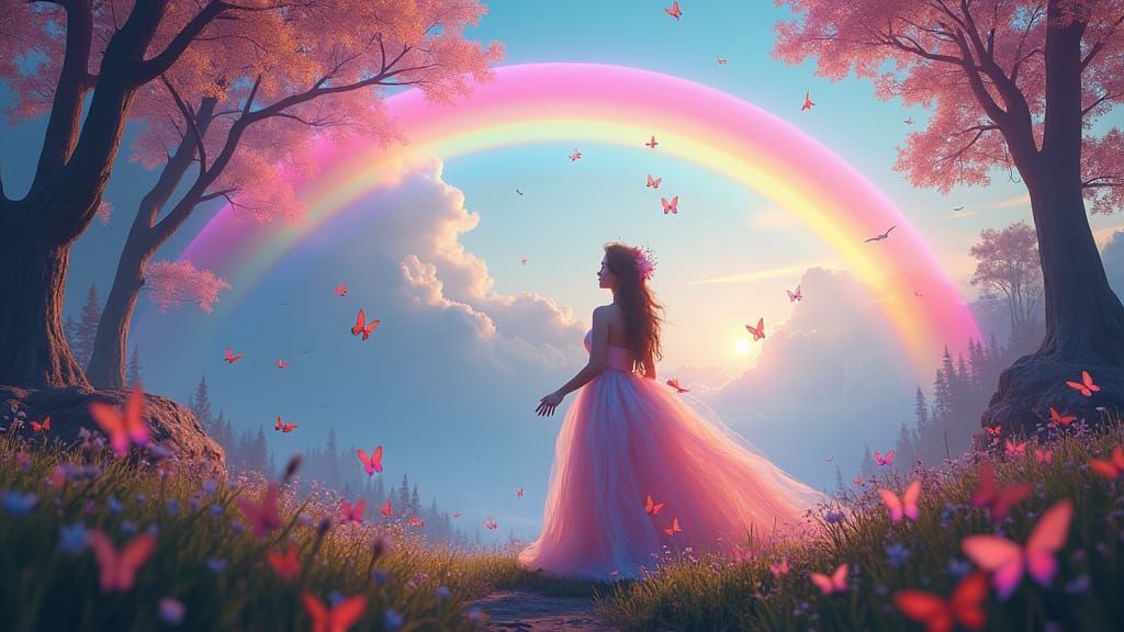 Mystical Woman with Butterflies and Rainbow