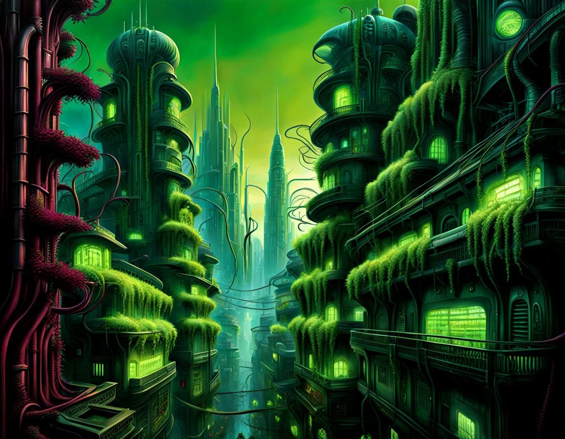 Lush Biopunk Cityscape with Bioluminescent Flora