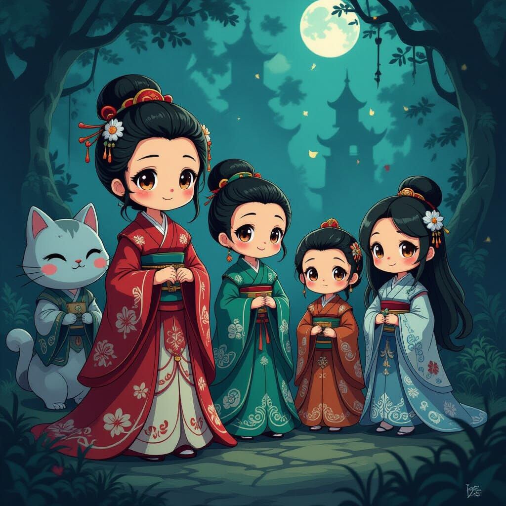 Whimsical Cartoon Characters in a Dark Fantasy Realm