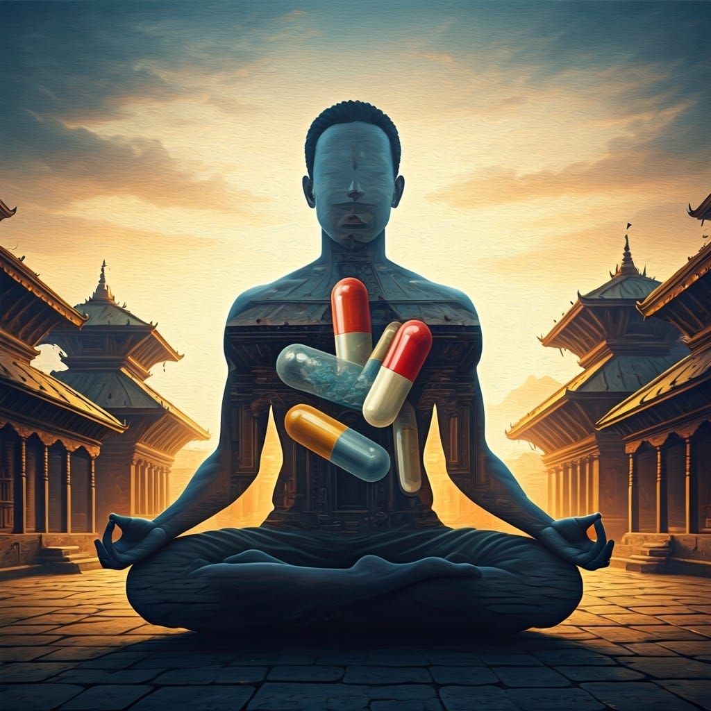 Meditative Figure Amidst Kathmandu Temples in Oil Painting