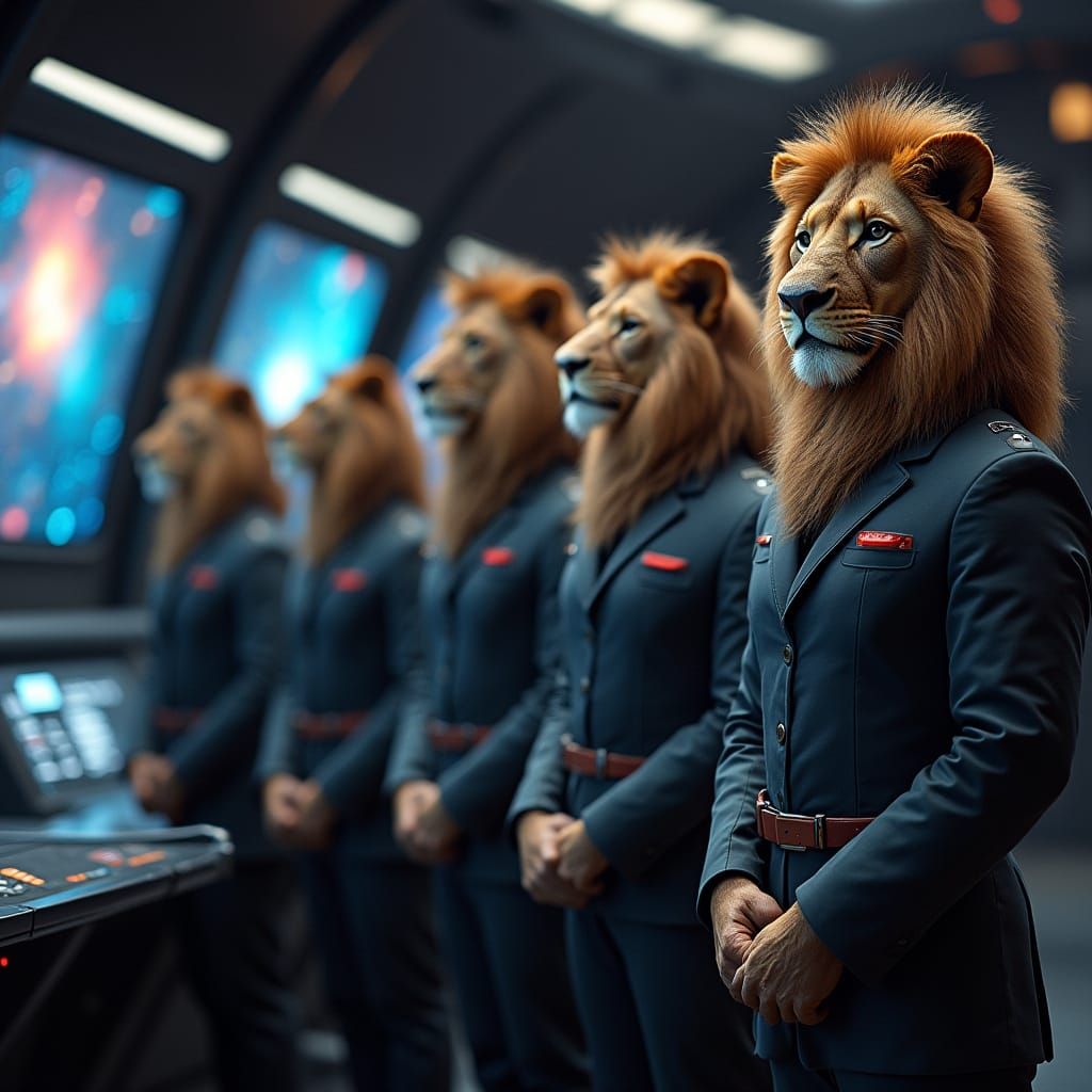 Anthropomorphic Lions Explore Nebula in Sleek Spaceship