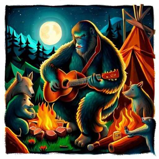 epic bigfoot playing guitar at the campfire with other animals sitting at the campfire Epic  Epic cinematic brilliant st...
