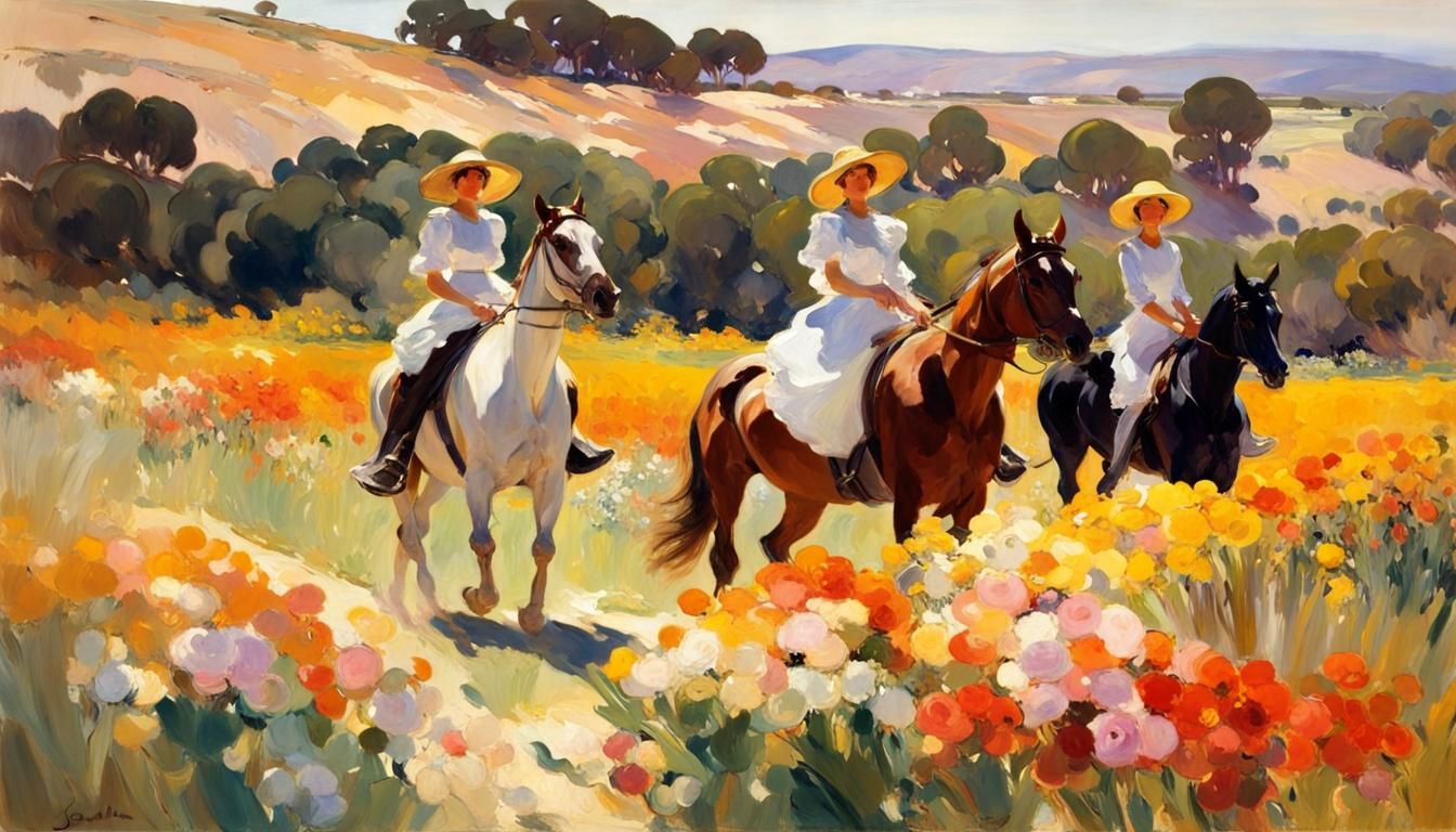 Spanish Flower Field with Riders: Impressionistic Style