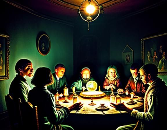 Mystical Seance with Hovering Light, Oil Painting