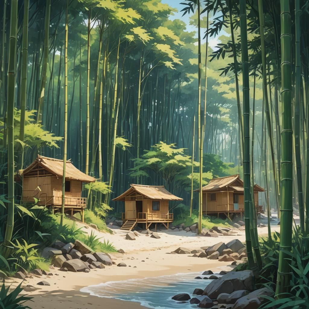 Coastal Bamboo Shelters in Anime Style