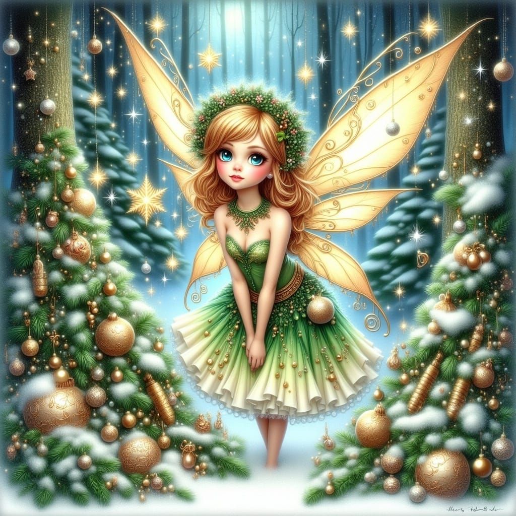 Delicate Christmas Fairy in Whimsical Ink Art Style