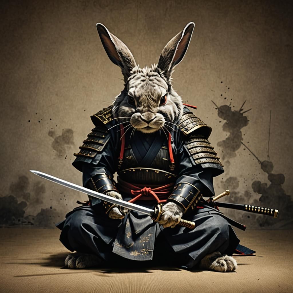 Samurai rabbit laying its sword down in defeat