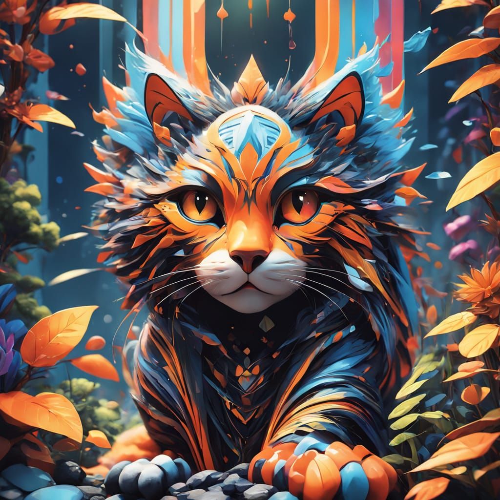Majestic Whimsical Cat in Vibrant Forest, Inspired by Pop Ar...
