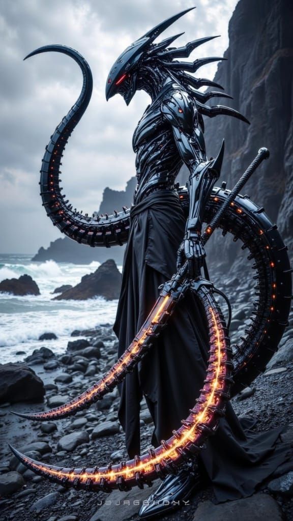 Biomechanical Warrior in Obsidian Exoskeleton