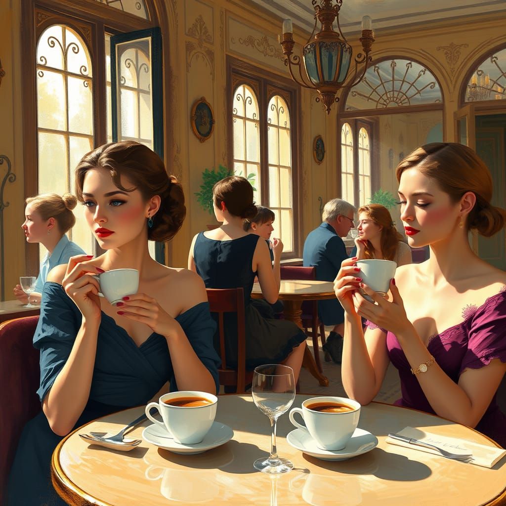 Elegant Women Savor Coffee in a Charming French Cafe, in Imp...