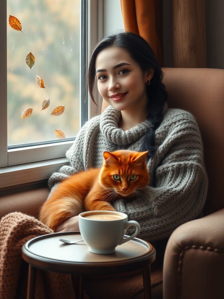 Slavic Woman Smiling at Rain, Realist Style