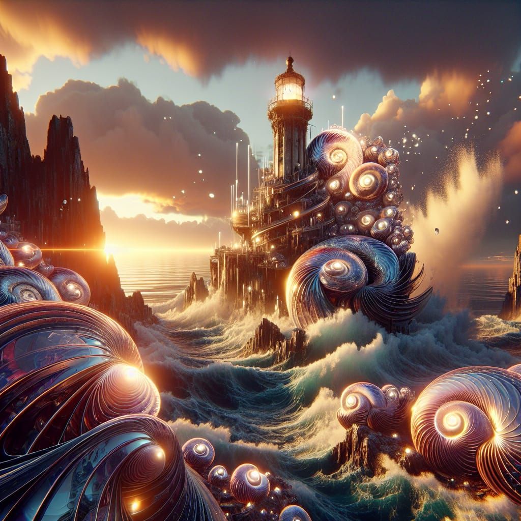 Lighthouse and Nautilus Shell Waves: Fantasy Matte Painting