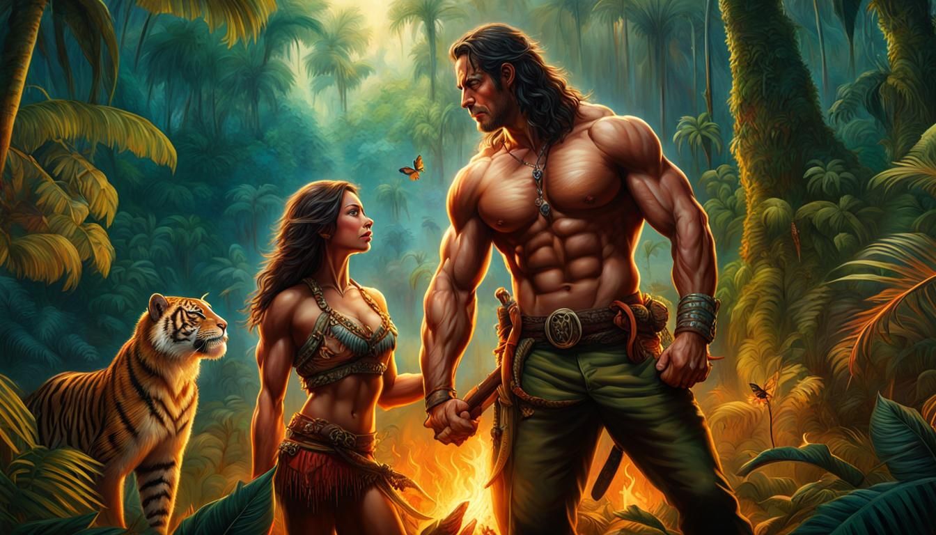 Hyperrealistic Tarzan and Jane in Amazon Forest
