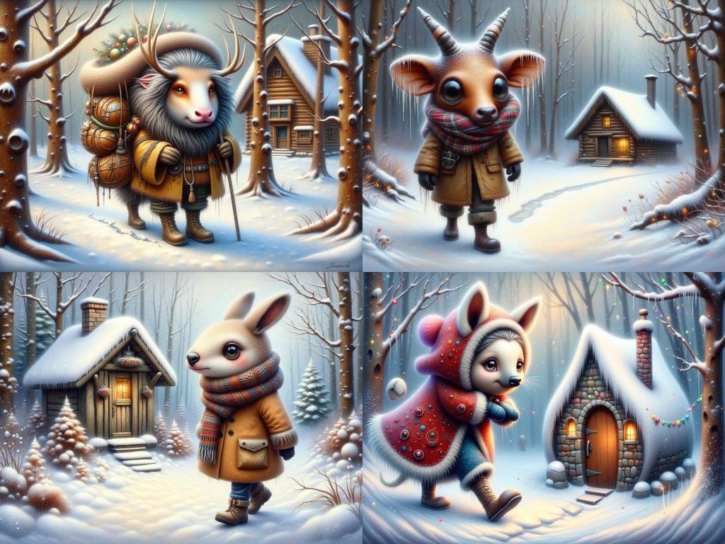 <lora:FiosFantasyGlow:1.0> Squashed, cabin Architecture In The Woods, walking hybrid, detailed face, museum quality, Win...