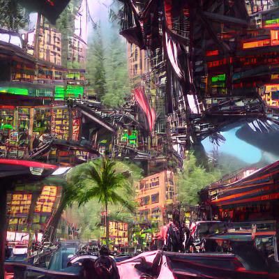 Cyberpunk Tropical Village Amalgamation