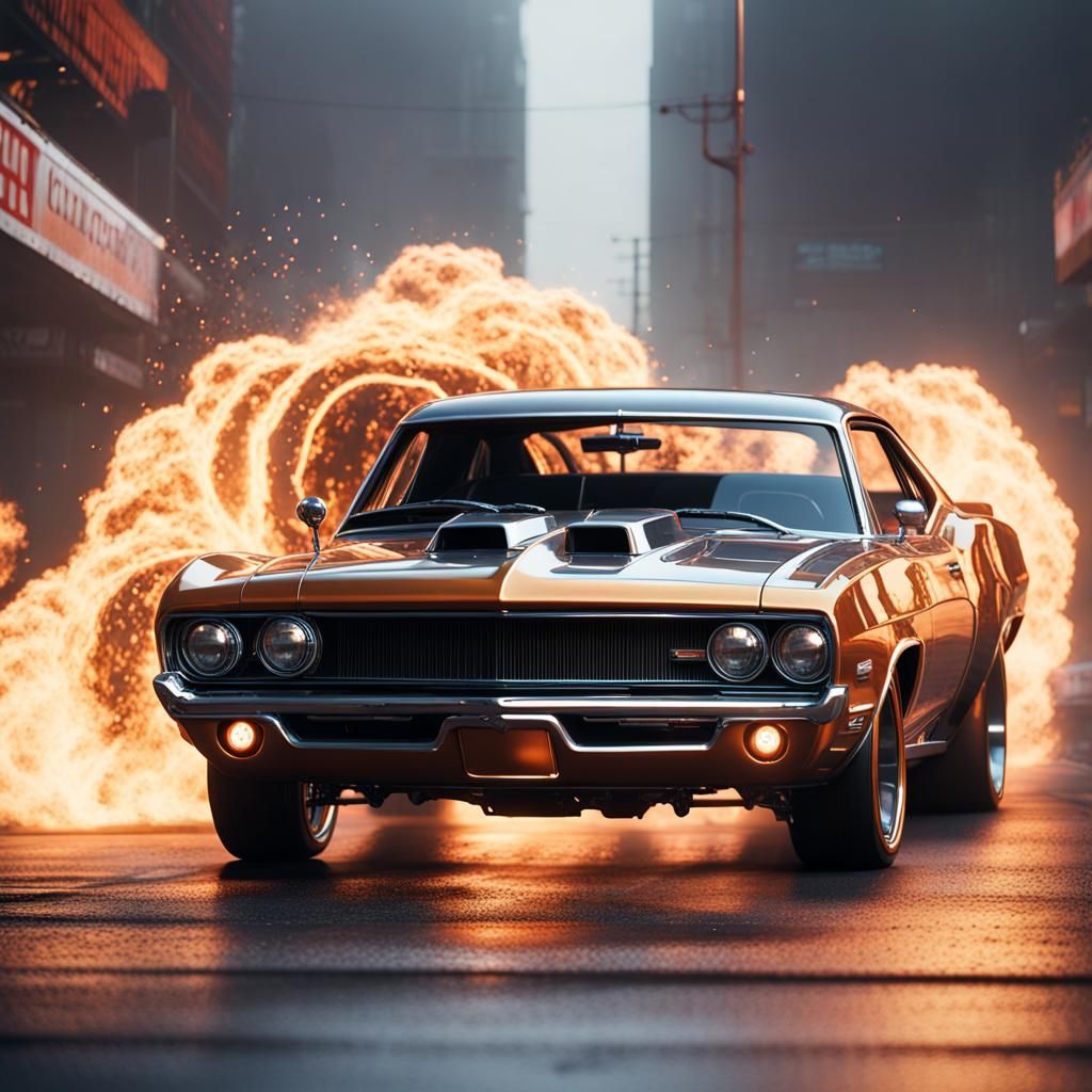 Muscle Car Burnout in Sci-Fi Mechanical Detail