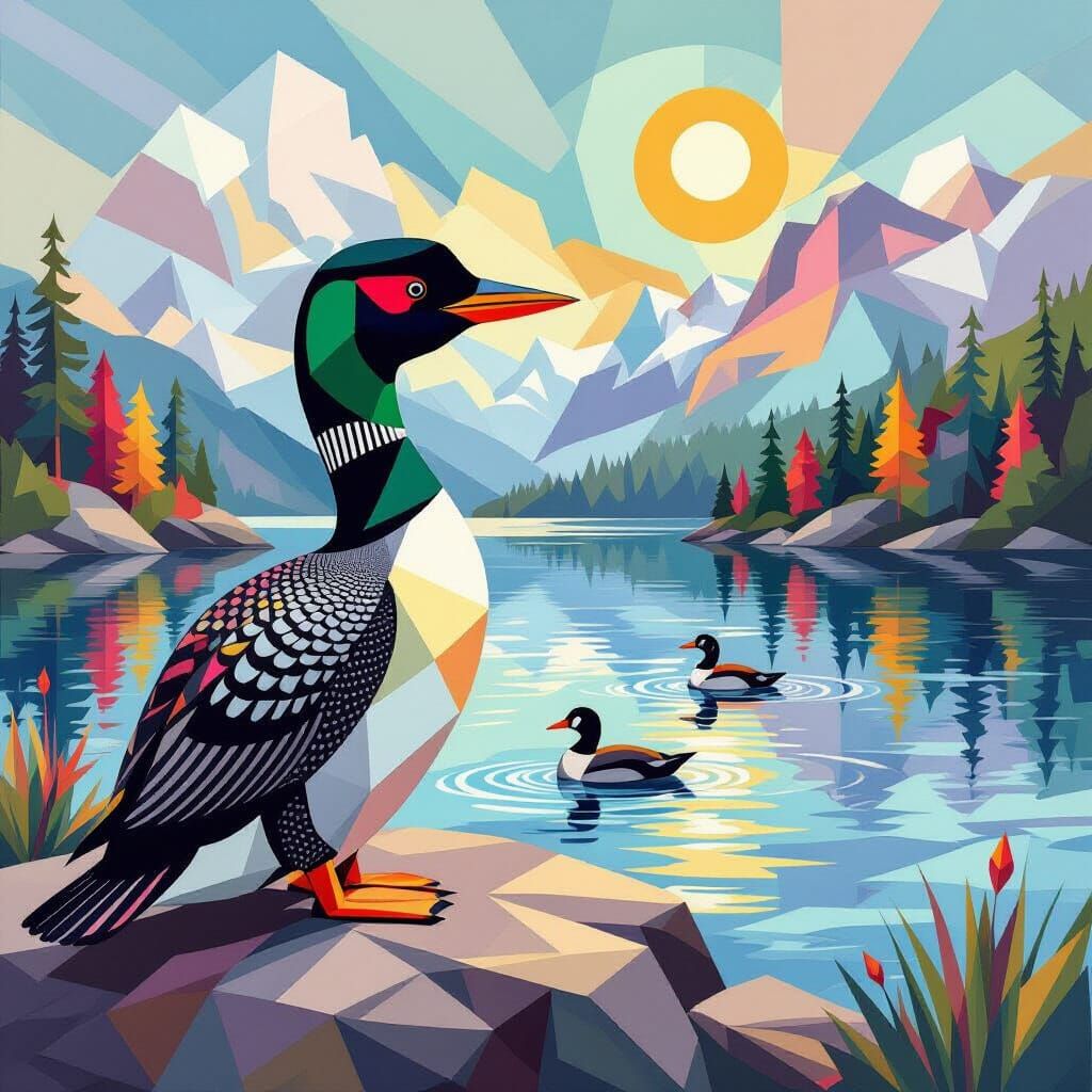 Geometric Loon Feet and Lake Life in Cubist Style